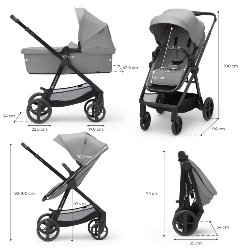 KINDERKRAFT - Poussette combinée 4v1 NEWLY Classic gris + siège auto MINK PRO avec base ISOFIX