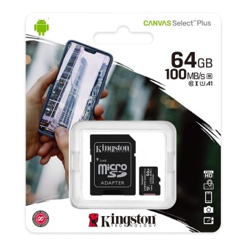 Kingston - MicroSDXC 64GB Canvas Select Plus U1 100MB/s + adaptateur SD