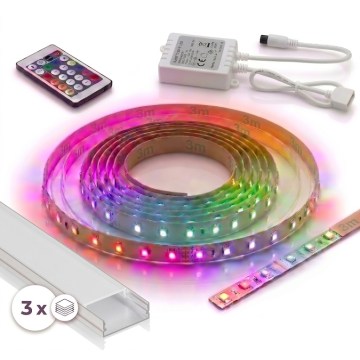KIT 1x bande LED RGBW dimmable DIGITAL LED/9,6 W/230 V 3 m + 3x profil à encastrer 1 m argent/blanc + télécommande