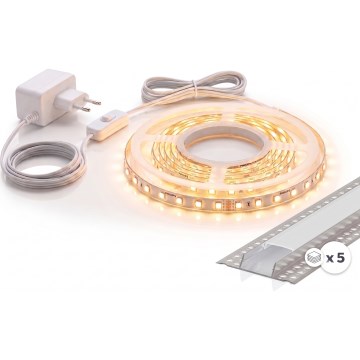 Kit 1x ruban LED MYLIVING LIGHTSTRIP LED/22W/230V 5 m + 5 profils encastrés de 1 m argent/blanc
