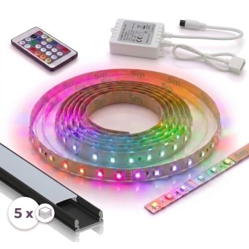 KIT 1x ruban LED RGBW dimmable DIGITAL LED/16,5W/230V 5 m + 5x profil encastrable 1 m noir/blanc + télécommande