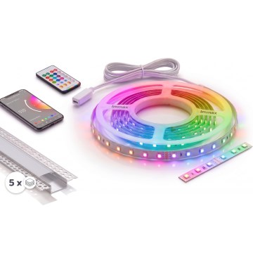 Kit 1x ruban LED RGBW dimmable NEO LITE MUSIC LED/24W/230V 5 m IP65 Wi-Fi Tuya + 5x profil encastrable 1 m argenté/blanc + télécommande