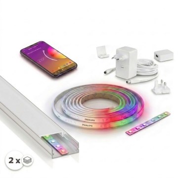 Kit 1x ruban LED RGBW dimmable Philips Hue WHITE AND COLOR AMBIANCE LED/20W/230V 2 m + 2x profil encastrable 1 m argenté/blanc