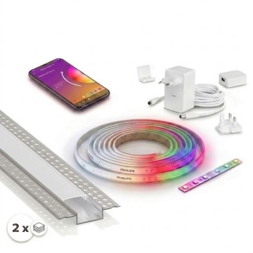 KIT 1x ruban LED RGBW dimmable Philips Hue WHITE AND COLOR AMBIANCE LED/20W/230V 2 m + 2x profil encastrable de 1 m argenté/blanc