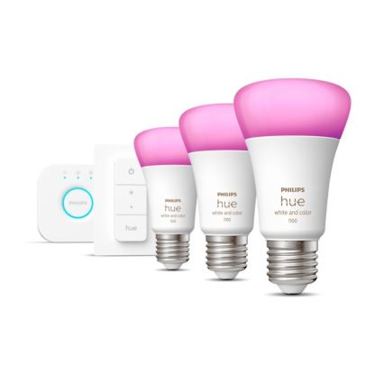 Pack de démarrage Philips Hue WHITE AND COLOR AMBIANCE 3xE27/9W 2000–6500 K + pont Hue et télécommande à variateur