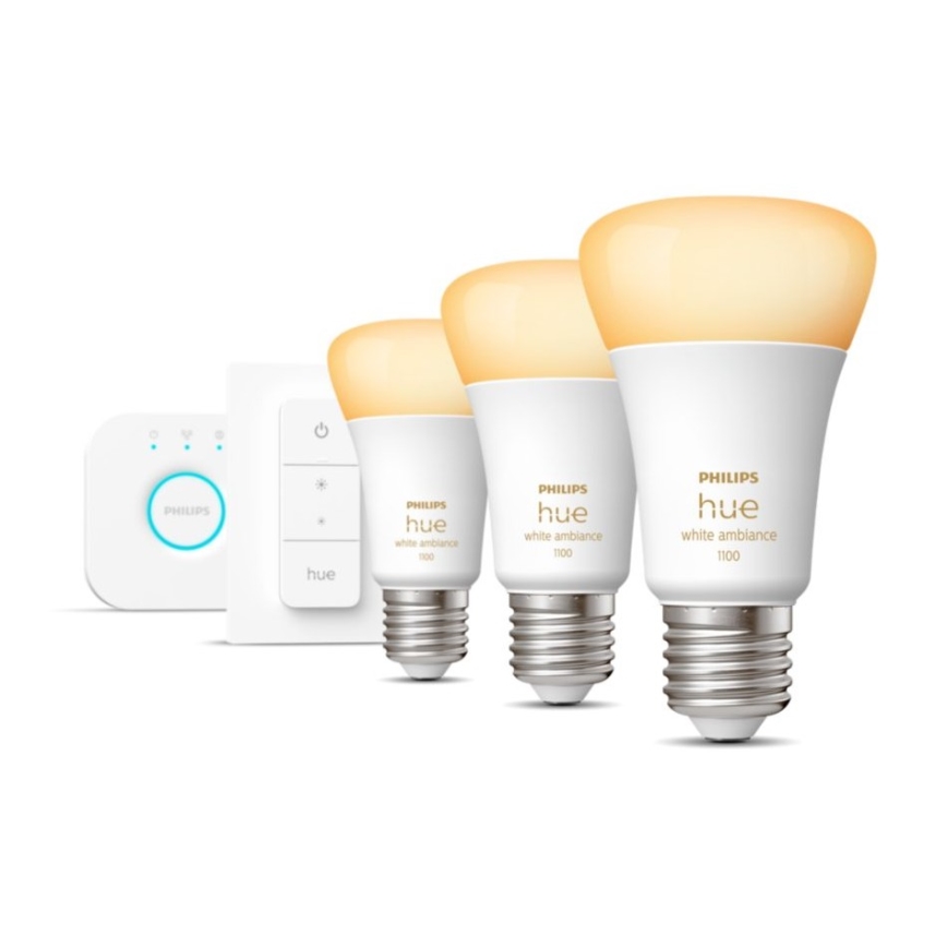 Pack de démarrage Philips Hue White Ambiance 3xE27/11W 2200-6500K + pont Hue et télécommande variateur