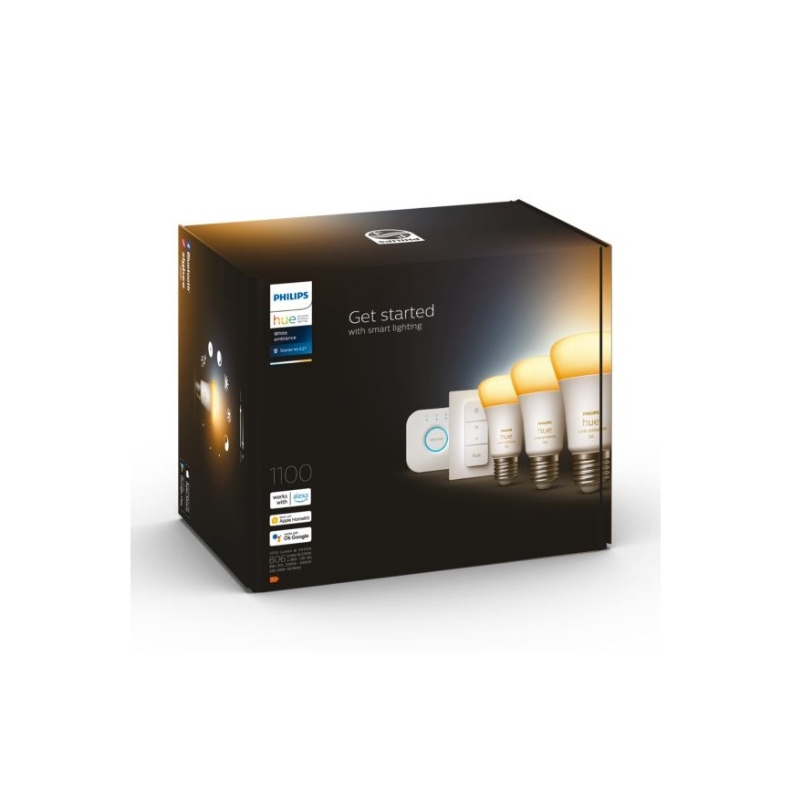 Pack de démarrage Philips Hue White Ambiance 3xE27/11W 2200-6500K + pont Hue et télécommande variateur