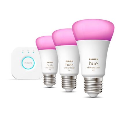 Pack de démarrage Philips Hue WHITE AND COLOR AMBIANCE — 3 ampoules E27 9W 230V 2000–6500K + pont Hue