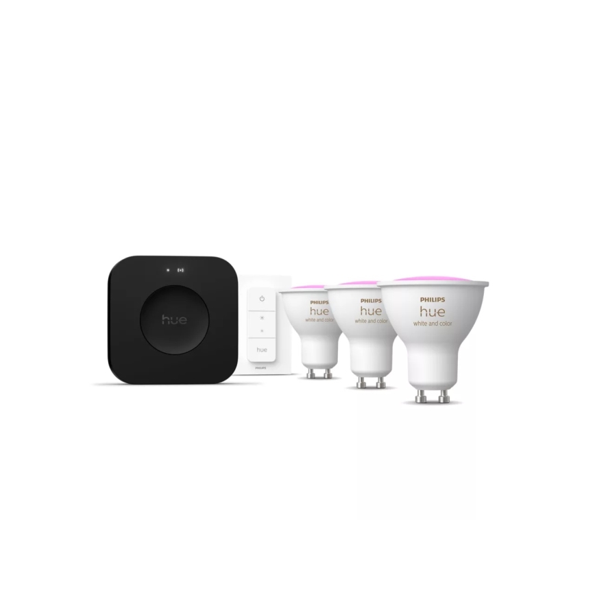 Kit de démarrage Philips Hue WHITE AND COLOR AMBIANCE 3xGU10/4,2W 2000-6500K + Hue Bridge et Dimmer Switch