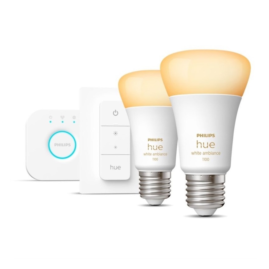 Kit de démarrage Philips Hue WHITE AMBIANCE 2xE27/8W/230V + pont Hue et télécommande variateur