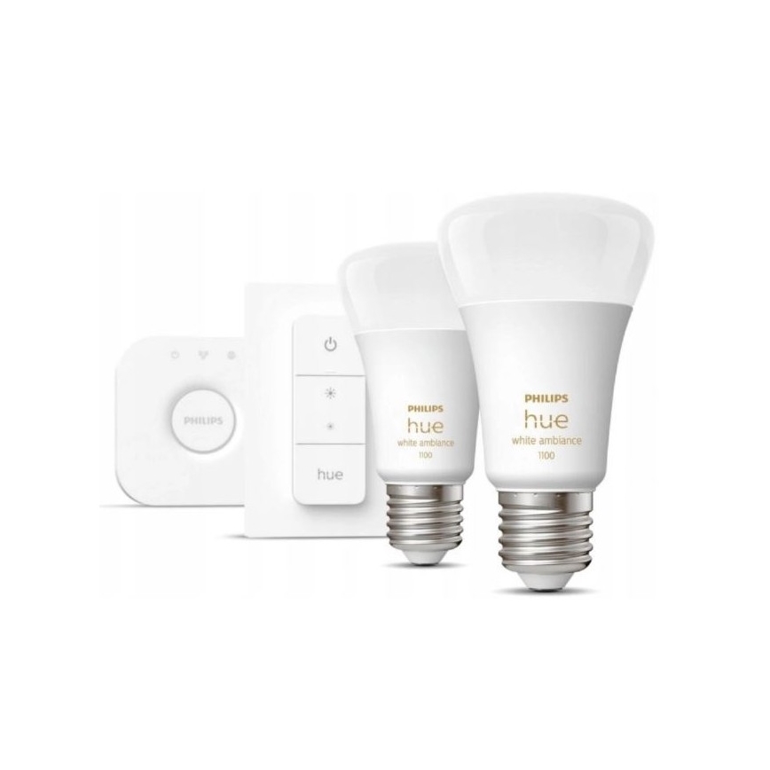 Kit de démarrage Philips Hue WHITE AMBIANCE 2xE27/8W/230V + pont Hue et télécommande variateur