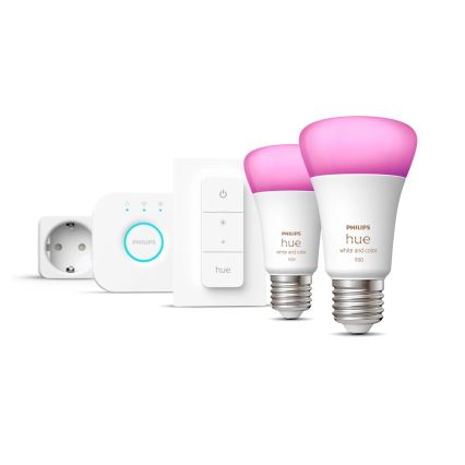 Kit de démarrage Philips Hue WHITE AND COLOR AMBIANCE 2xE27/9W/230V 2200-6500K + prise connectée, Hue Bridge et interrupteur variateur