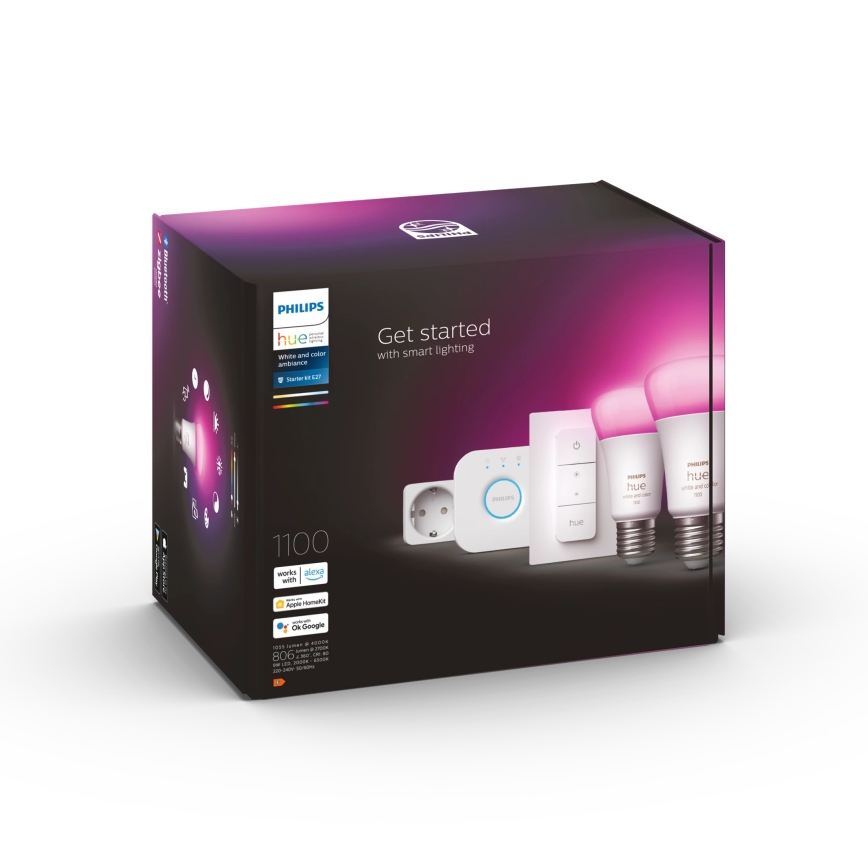 Kit de démarrage Philips Hue WHITE AND COLOR AMBIANCE 2xE27/9W/230V 2200-6500K + prise connectée, Hue Bridge et interrupteur variateur