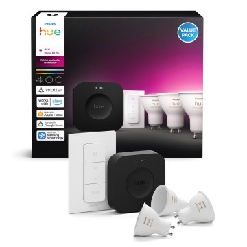 Kit de démarrage Philips Hue WHITE AND COLOR AMBIANCE 3xGU10/4,2W 2000-6500K + Hue Bridge et Dimmer Switch