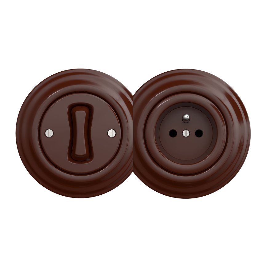 Kliklap - Interrupteur unipolaire au design rétro n°1 et prise 230 V avec cadre marron