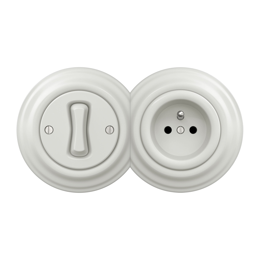 Kliklap - Interrupteur unipolaire rétro n° 1 et prise 230 V avec cadre blanc