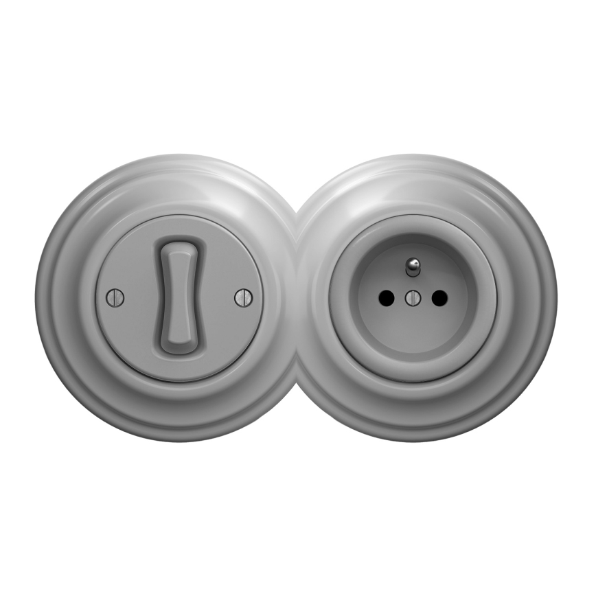 Kliklap - Interrupteur unipolaire rétro n° 1 et prise 230 V avec plaque grise