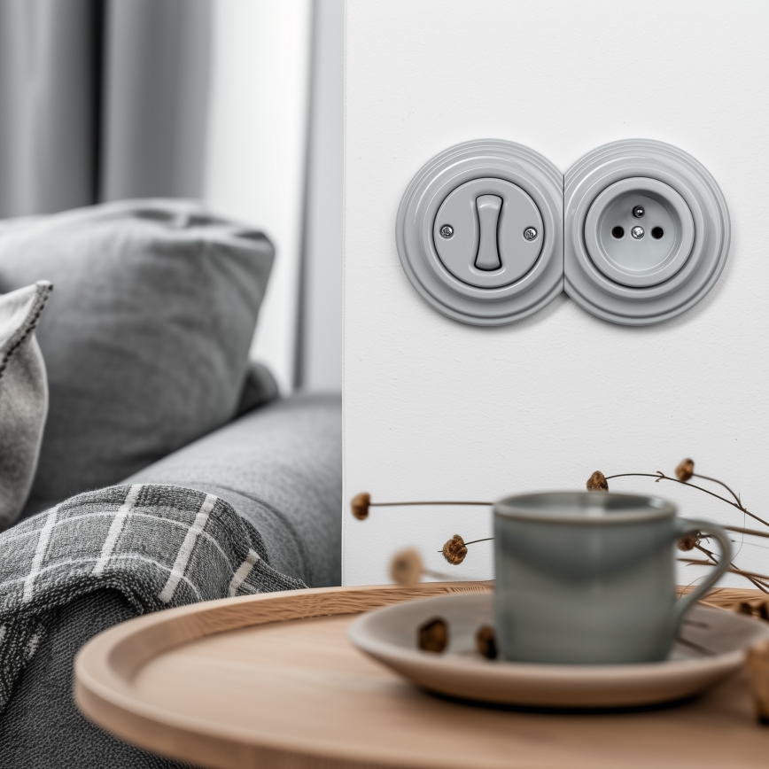 Kliklap - Interrupteur unipolaire rétro n° 1 et prise 230 V avec plaque grise
