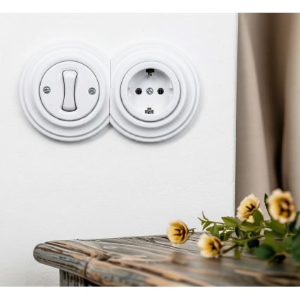 Kliklap - Interrupteur unipolaire rétro n° 1 et prise SCHUKO 230 V avec cadre blanc neige