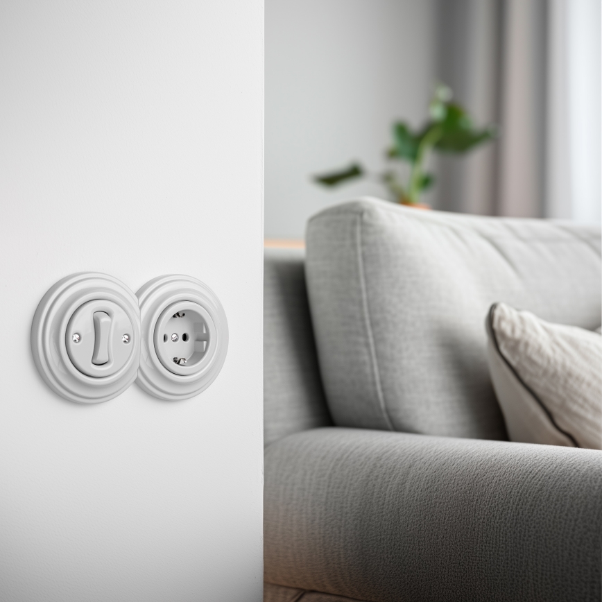 Kliklap - Interrupteur unipolaire rétro n°1 et prise SCHUKO 230 V avec cadre en céramique blanche