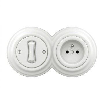 Kliklap - Interrupteur unipolaire rétro n°1 et prise 230V avec cadre blanc neige