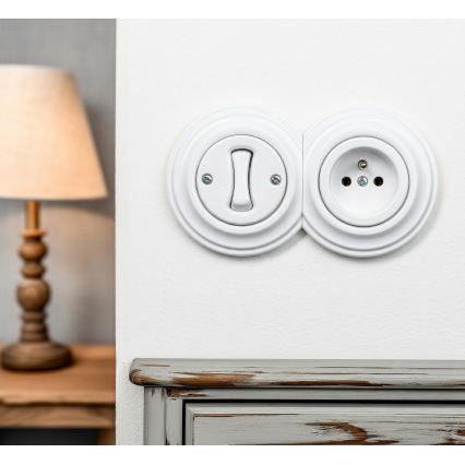 Kliklap - Interrupteur unipolaire rétro n°1 et prise 230V avec cadre blanc neige