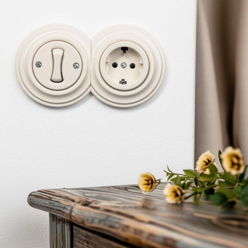 Kliklap - Interrupteur unipolaire rétro n°1 et prise SCHUKO 230 V avec cadre, beige