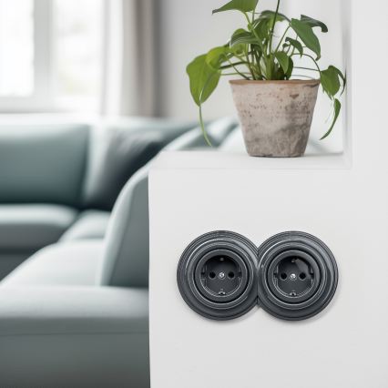 Kliklap - Prise double murale rétro avec cadre SCHUKO 230 V anthracite