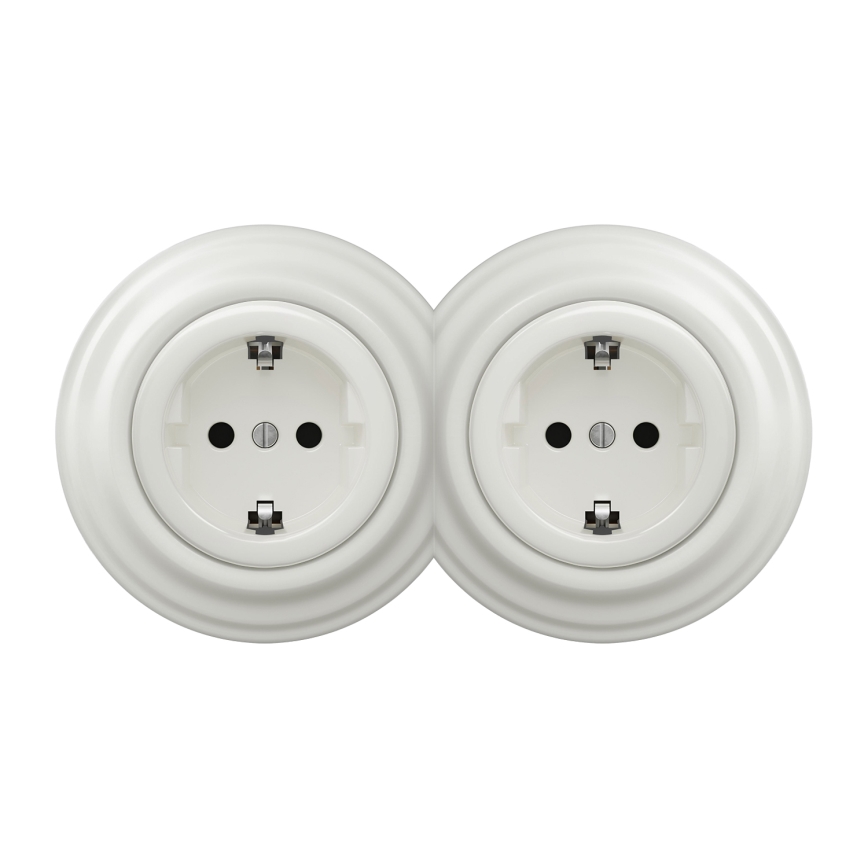 Kliklap - Prise double rétro domestique avec cadre SCHUKO 230V/16A blanche