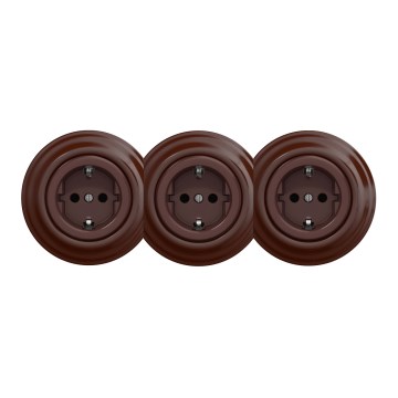 Kliklap - Prise murale domestique triple rétro avec cadre SCHUKO 230 V, marron