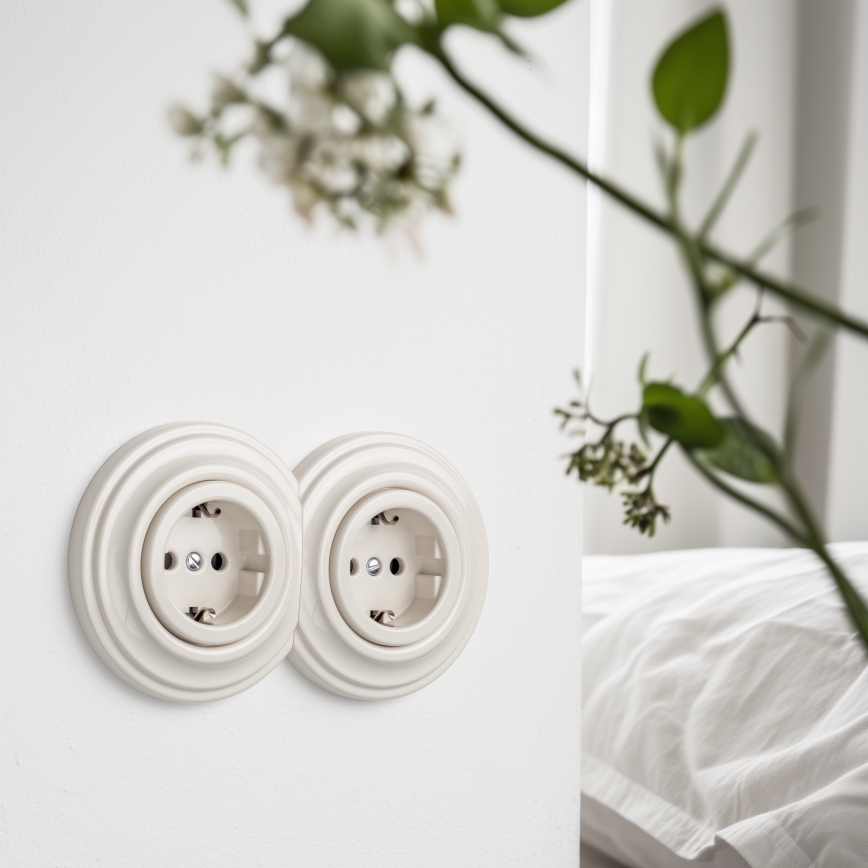 Kliklap - Prise murale double au style rétro avec cadre SCHUKO 230V/16A, beige