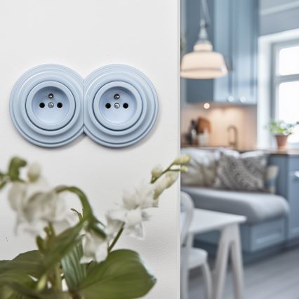Kliklap - Prise murale double rétro avec cadre 230 V, bleue