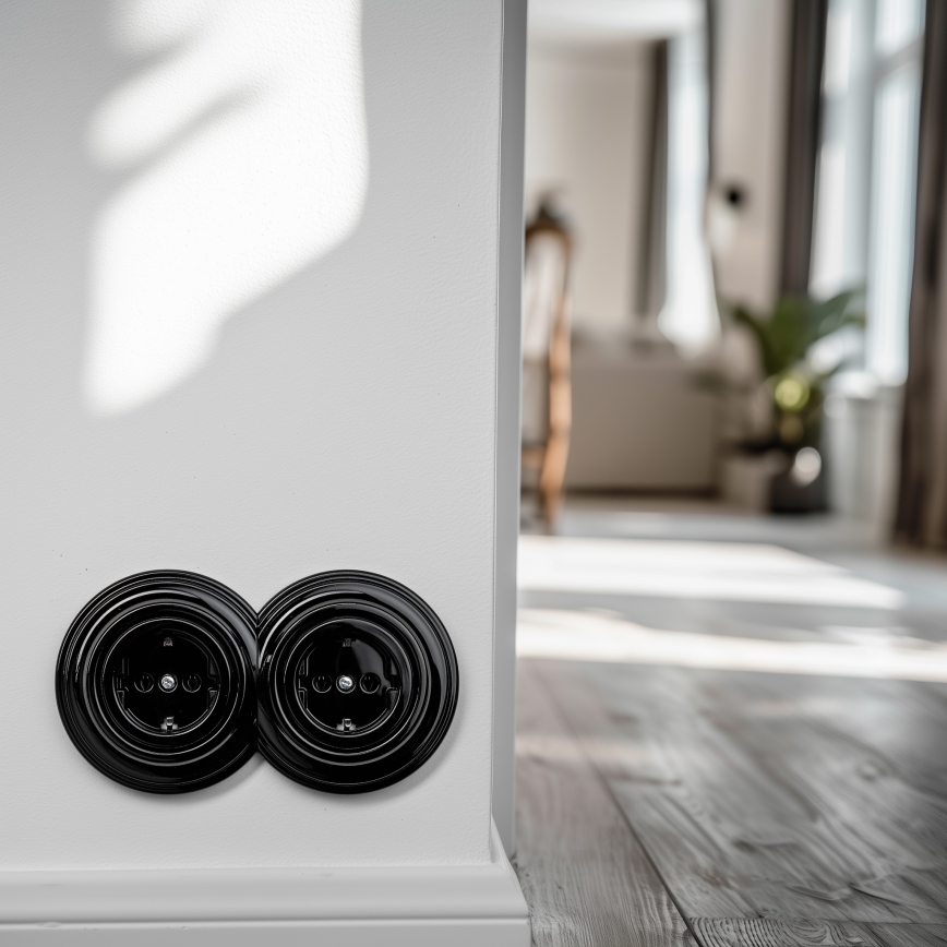 Kliklap - Prise murale double rétro avec cadre SCHUKO 230 V noire