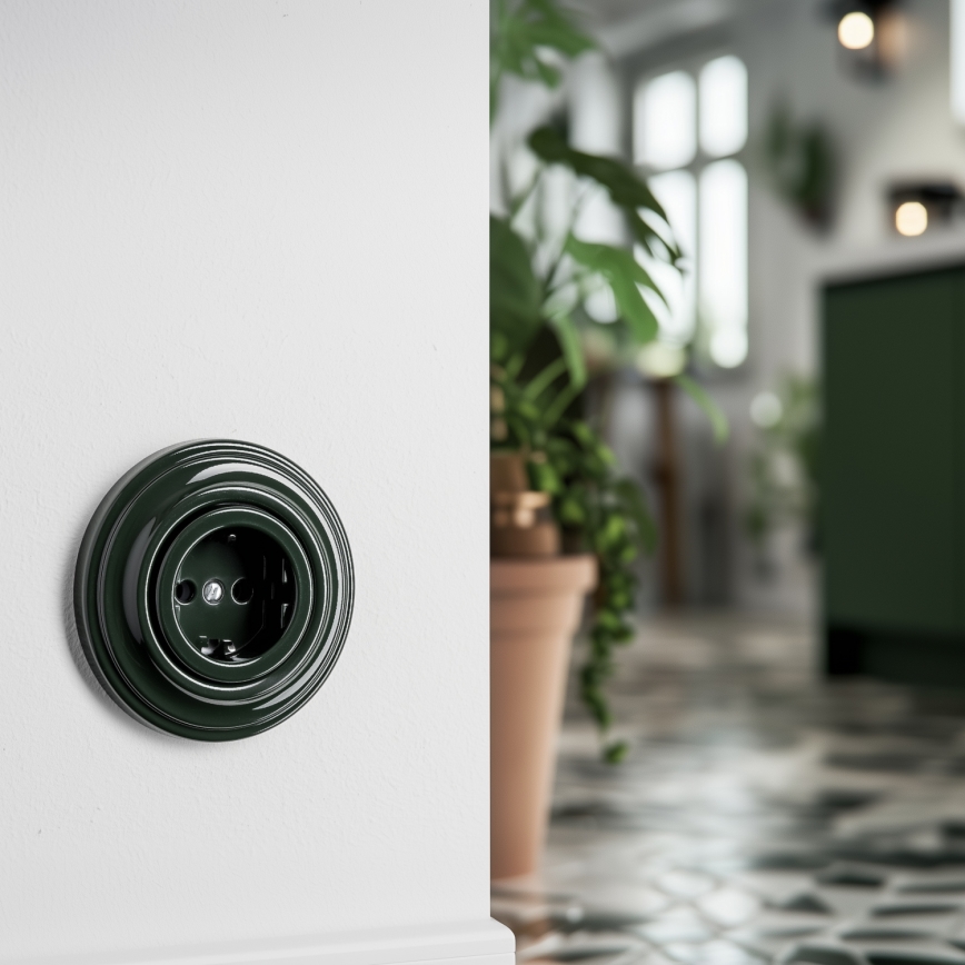 Kliklap - Prise murale rétro avec cadre SCHUKO 230V/16A, verte