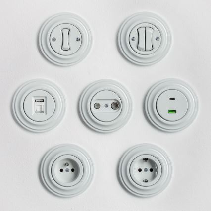 Kliklap - Prise murale terminale TV+R au design rétro avec cadre en céramique blanche