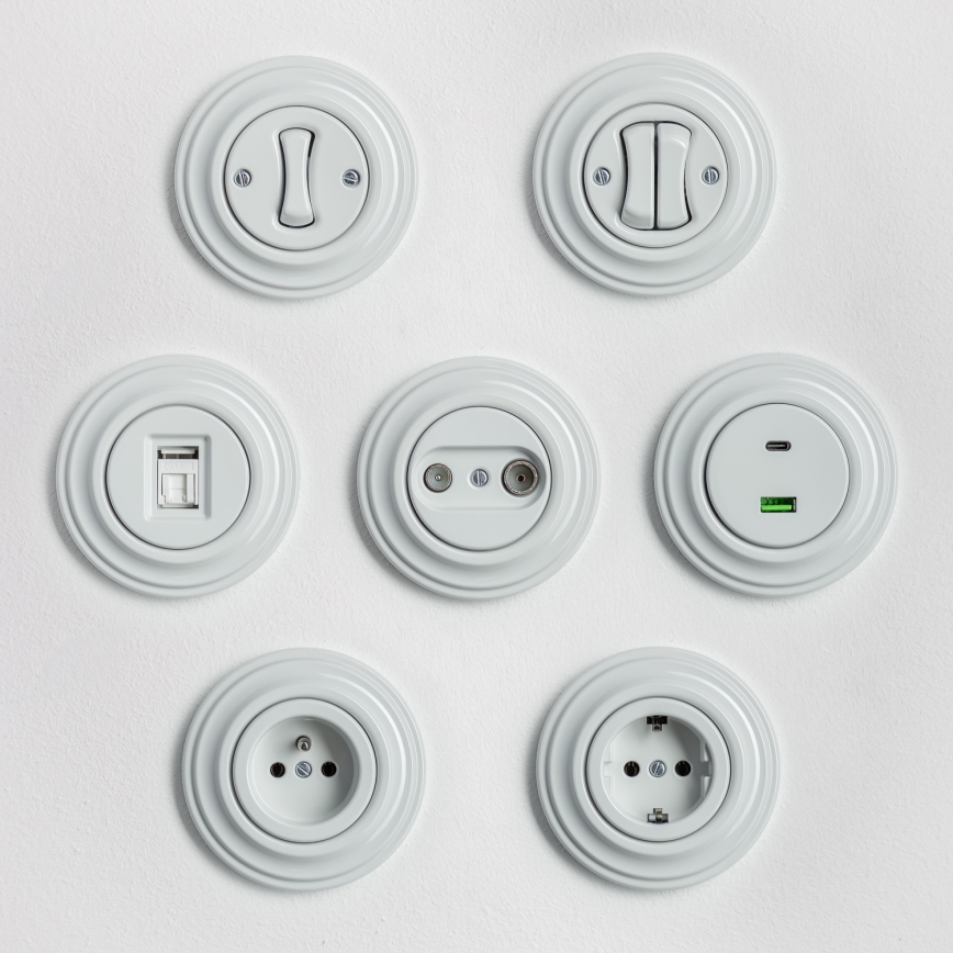 Kliklap - Prise murale terminale TV+R au design rétro avec cadre en céramique blanche