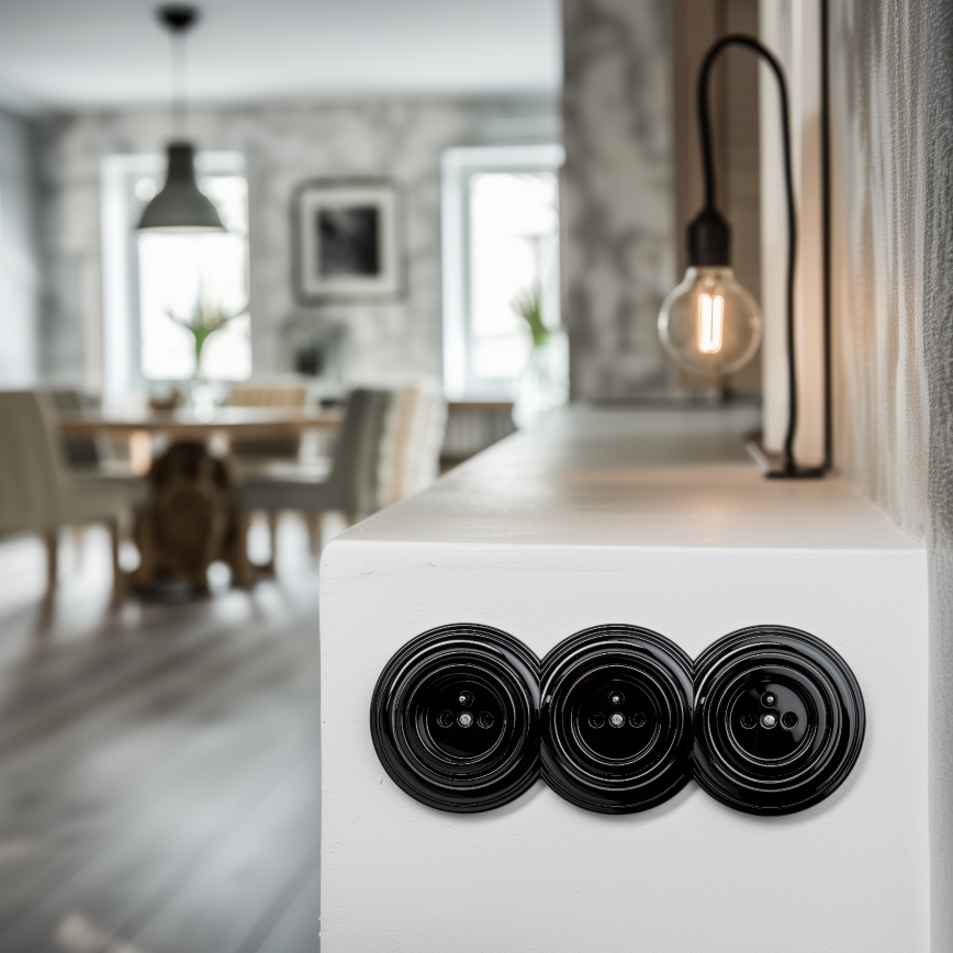Kliklap - Prise murale triple au style rétro avec cadre, 230 V, noire