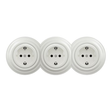 Kliklap - Prise murale triple rétro avec cadre SCHUKO 230 V en céramique blanche