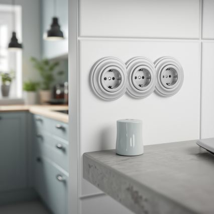 Kliklap - Prise murale triple rétro avec cadre SCHUKO 230 V en céramique blanche