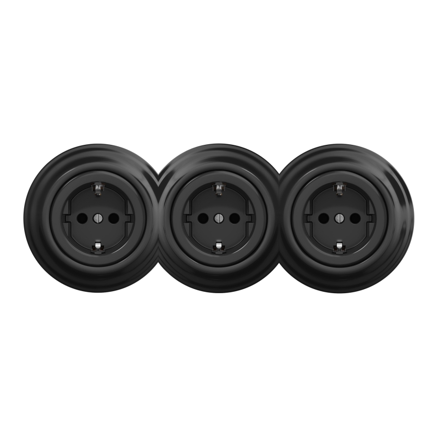 Kliklap - Prise murale triple rétro avec cadre SCHUKO 230V noire