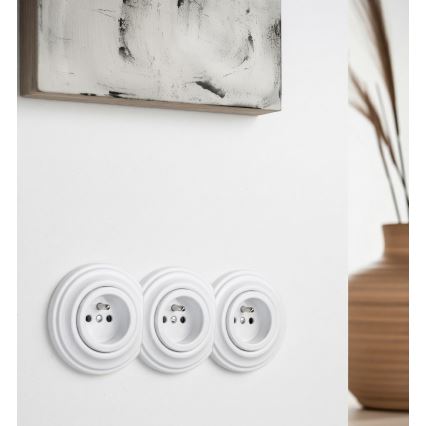 Kliklap - Prise triple murale rétro avec cadre, 230 V, blanc neige