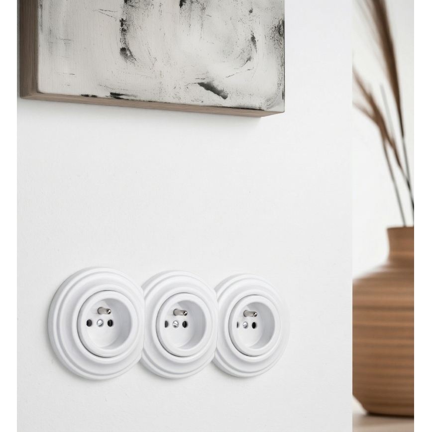 Kliklap - Prise triple murale rétro avec cadre, 230 V, blanc neige