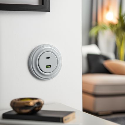 Kliklap - Prise USB rétro A+C avec cadre gris