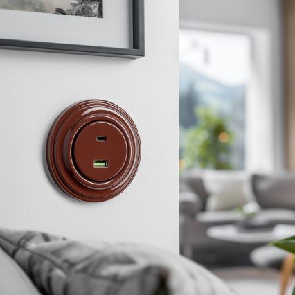 Kliklap - Prise USB rétro A+C avec cadre marron