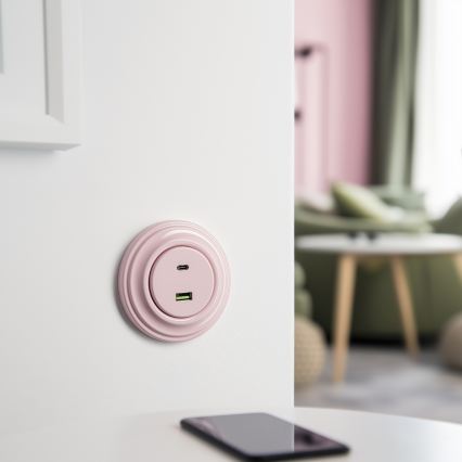 Kliklap - Prise USB rétro A+C avec cadre, rose poudré