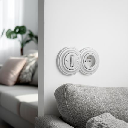 Kliklap - Interrupteur unipolaire rétro n° 1 et prise 230 V avec cadre en céramique blanc