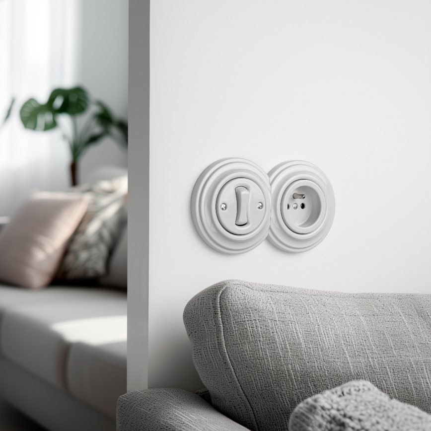 Kliklap - Interrupteur unipolaire rétro n° 1 et prise 230 V avec cadre en céramique blanc