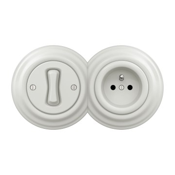 Kliklap - Retro — interrupteur unipolaire n°1 et prise 230V avec cadre, finition blanche