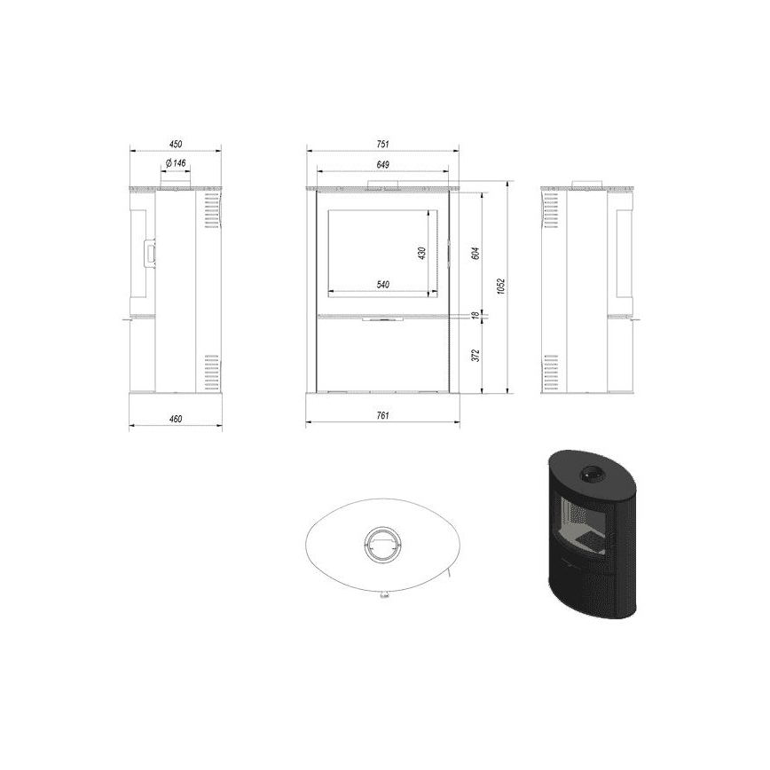 Kratki - Cheminée en acier avec fermeture de porte automatique 10kW 150 mm noir