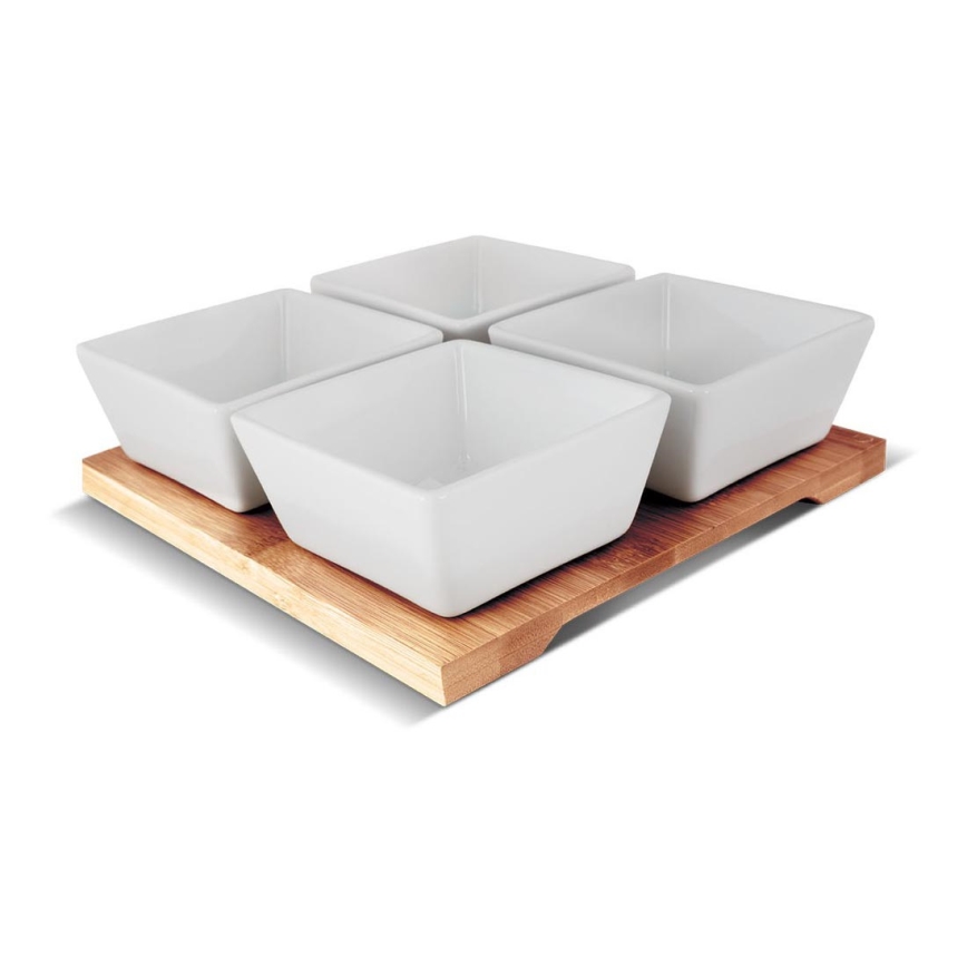 Lamart - Lot de 4x bol en porcelaine 19x19 cm + plateau en bois